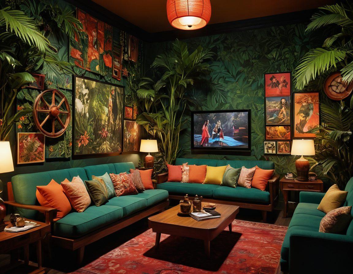 A captivating collage featuring iconic Indonesian film scenes with passionate interactions, lush tropical backdrops, and vibrant colors. Include film reels and traditional cultural elements, symbolizing intimacy and entertainment. Incorporate a cozy lounge setting with plush seating and dim lighting. The overall mood should evoke warmth, passion, and an inviting atmosphere. super-realistic, vibrant colors, cinematic style.