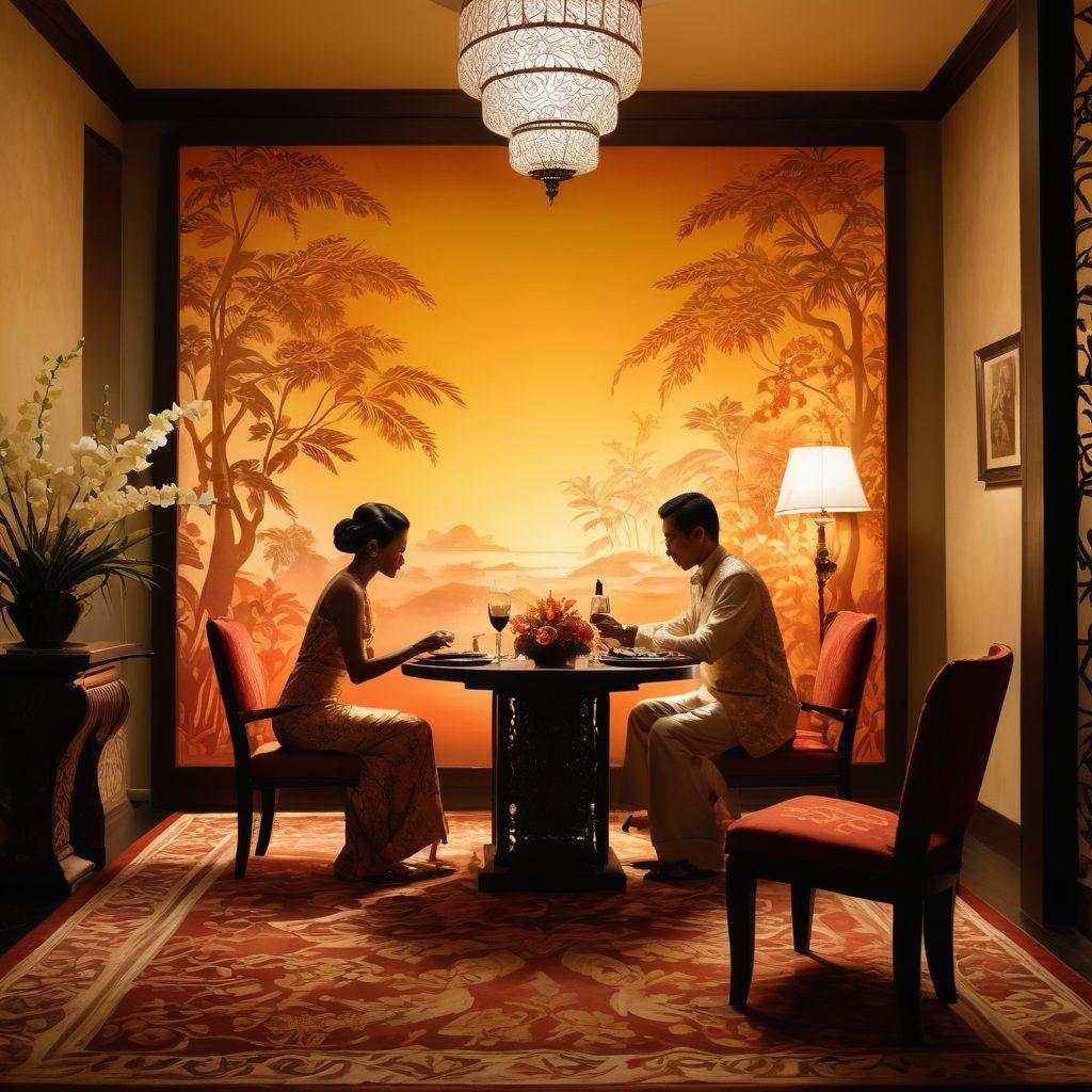 An inviting, luxurious setting symbolizing intimate entertainment in a contemporary Indonesian backdrop, featuring elegant decor, soft lighting, and subtle hints of traditional motifs such as batik or wayang. Include silhouettes of engaged couples enjoying each other's company with warm, intimate gestures, and tropical floral accents to enhance the atmosphere of pleasure and connection. super-realistic. vibrant colors. soft-focus background.